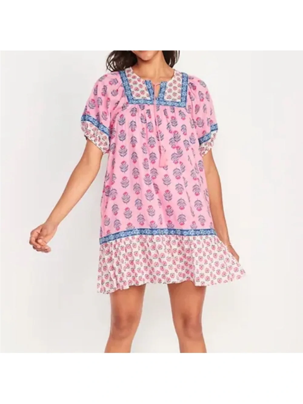 Old Navy Pink Floral Printed Smock Dress with Blue Trim